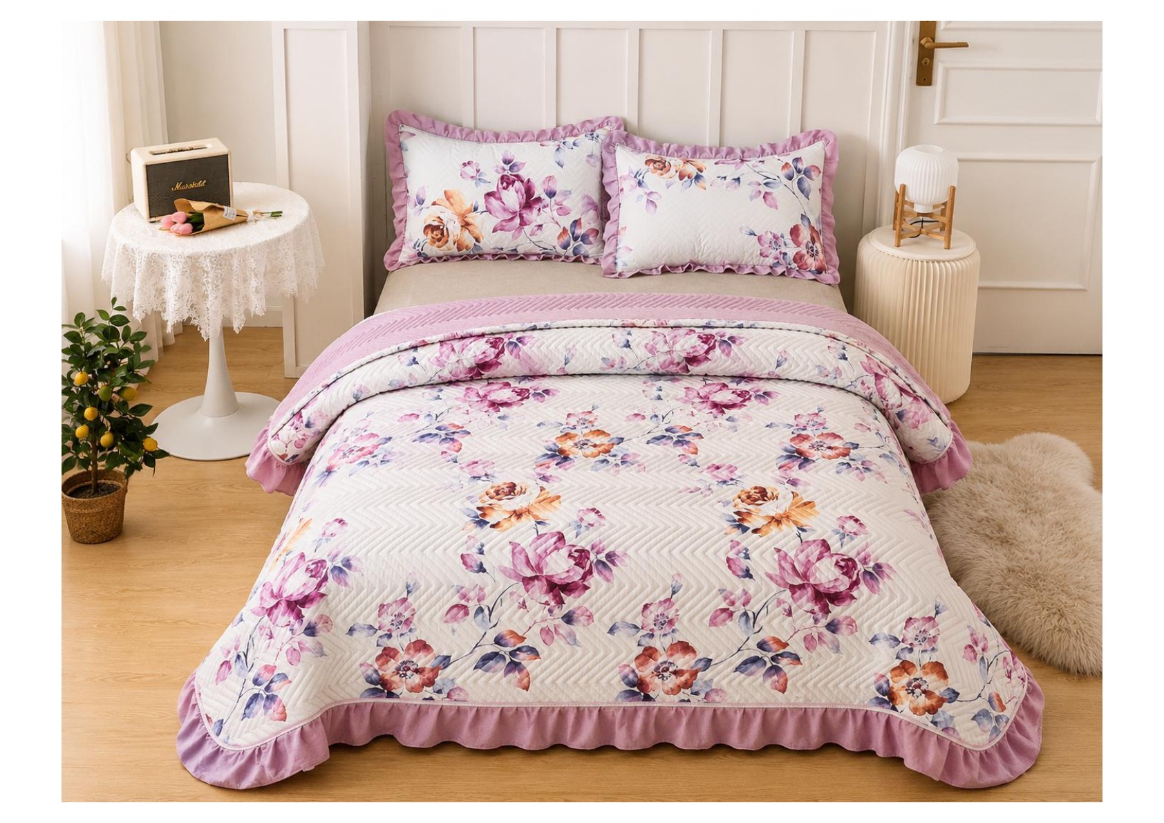 Viaan Collection Pink Rose Garden Bed Cover Set - Pink thumbnail
