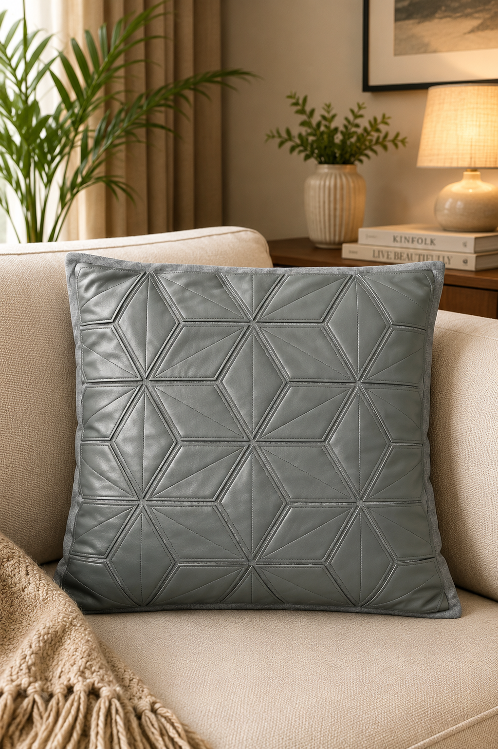 Geometric Panel Textured Pillow Cover - Grey thumbnail