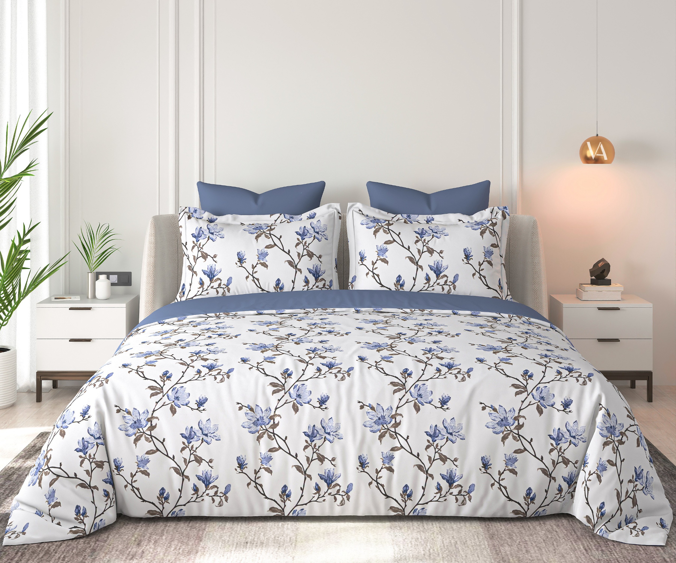 Floral Bliss Ivory Cobalt Blue Magnolia Branch Cotton King-Size Bedsheet Set - Ivory and Cobalt Blue thumbnail