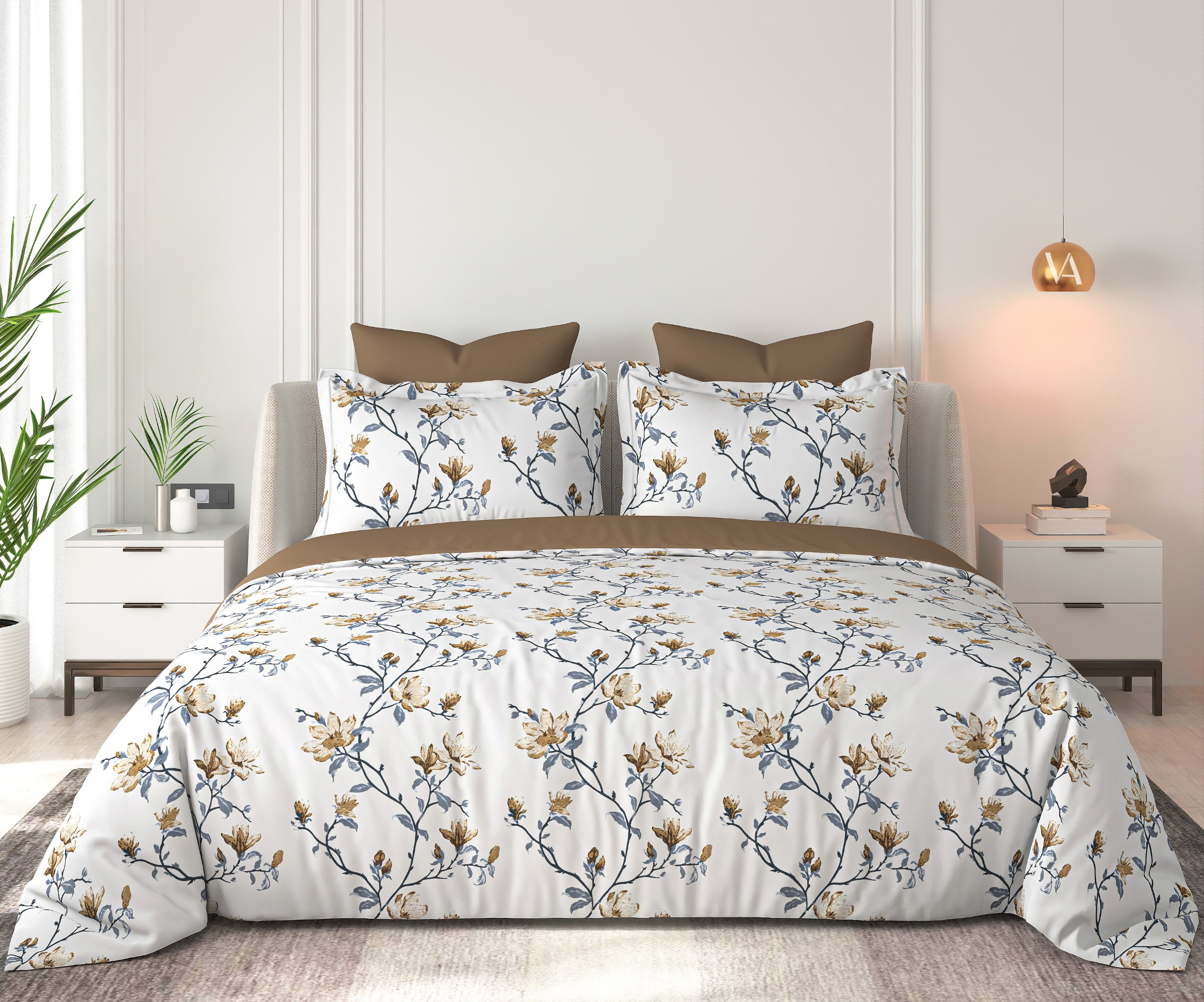 Floral Bliss Ivory Ochre Blossom Vine Cotton King-Size Bedsheet Set - Ochre Brown and Blue-Grey thumbnail