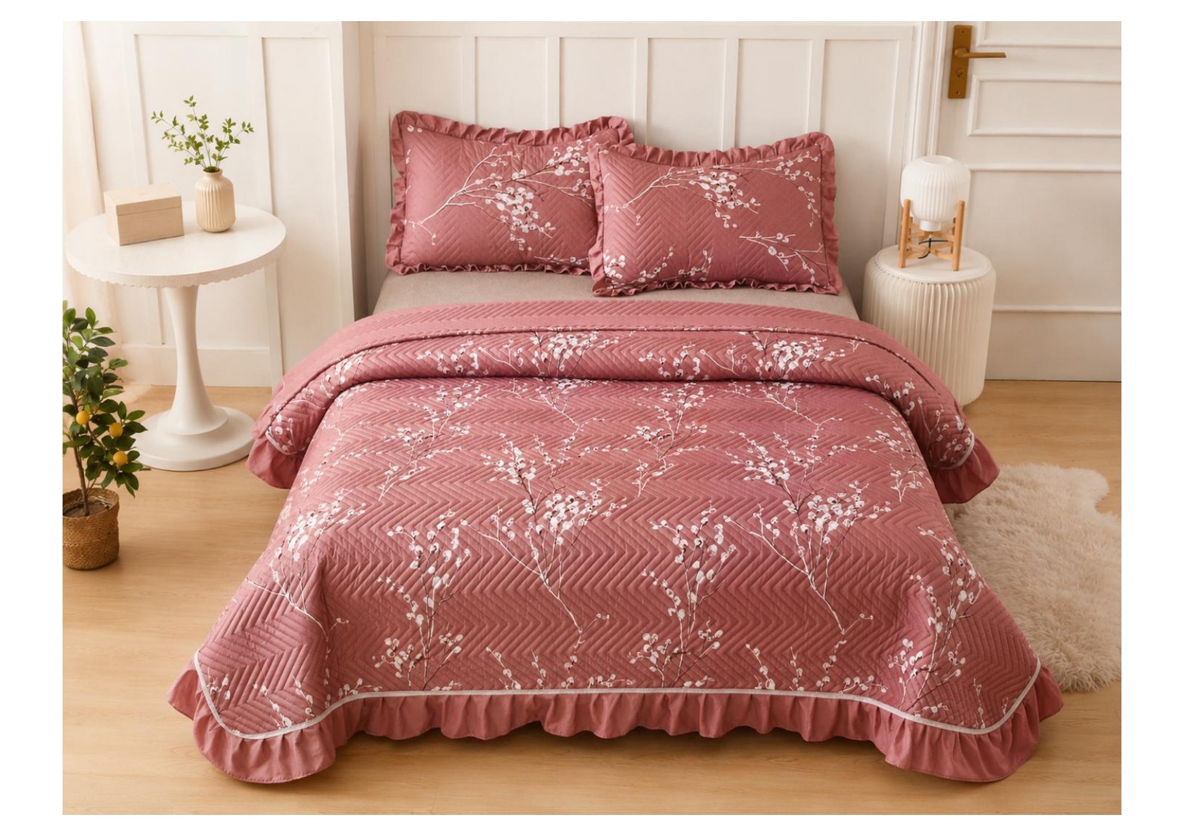 Viaan Collection Coral Pink Blossom Bed Cover Set - Coral Pink thumbnail