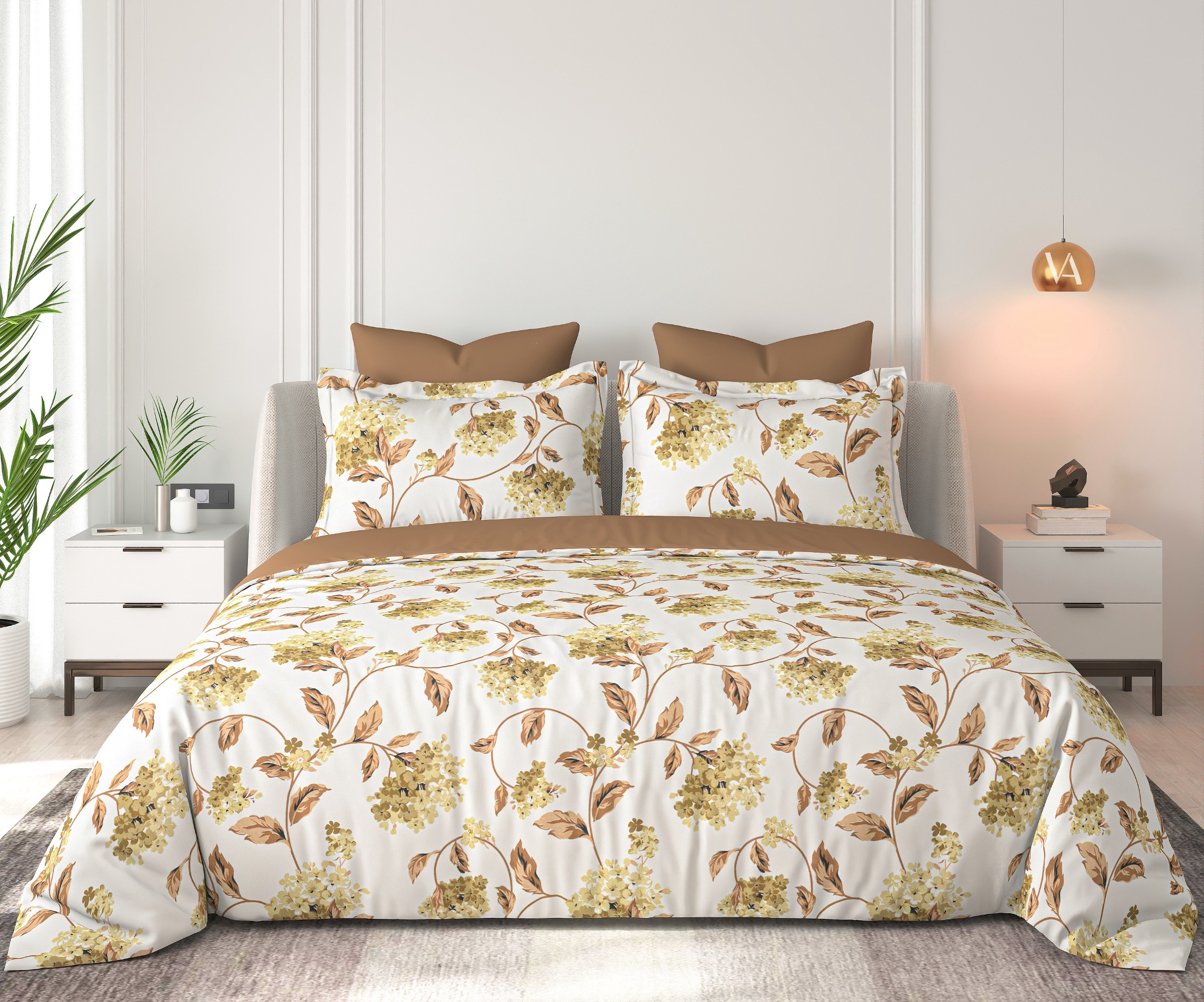 Floral Bliss Ivory Golden Hydrangea Vine Cotton King-Size Bedsheet Set - Golden Yellow and Warm Brown thumbnail