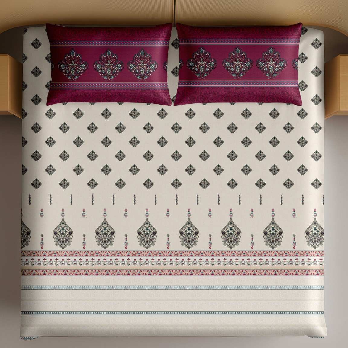 Artistry of India Traditional King-Size Bedsheet Set - Ivory Magenta thumbnail