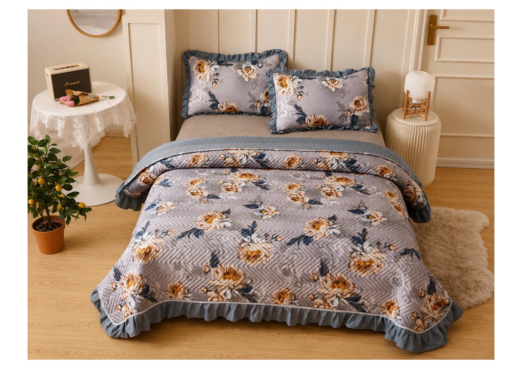 Viaan Collection Grey Golden Floral Bed Cover Set - Silver Grey thumbnail