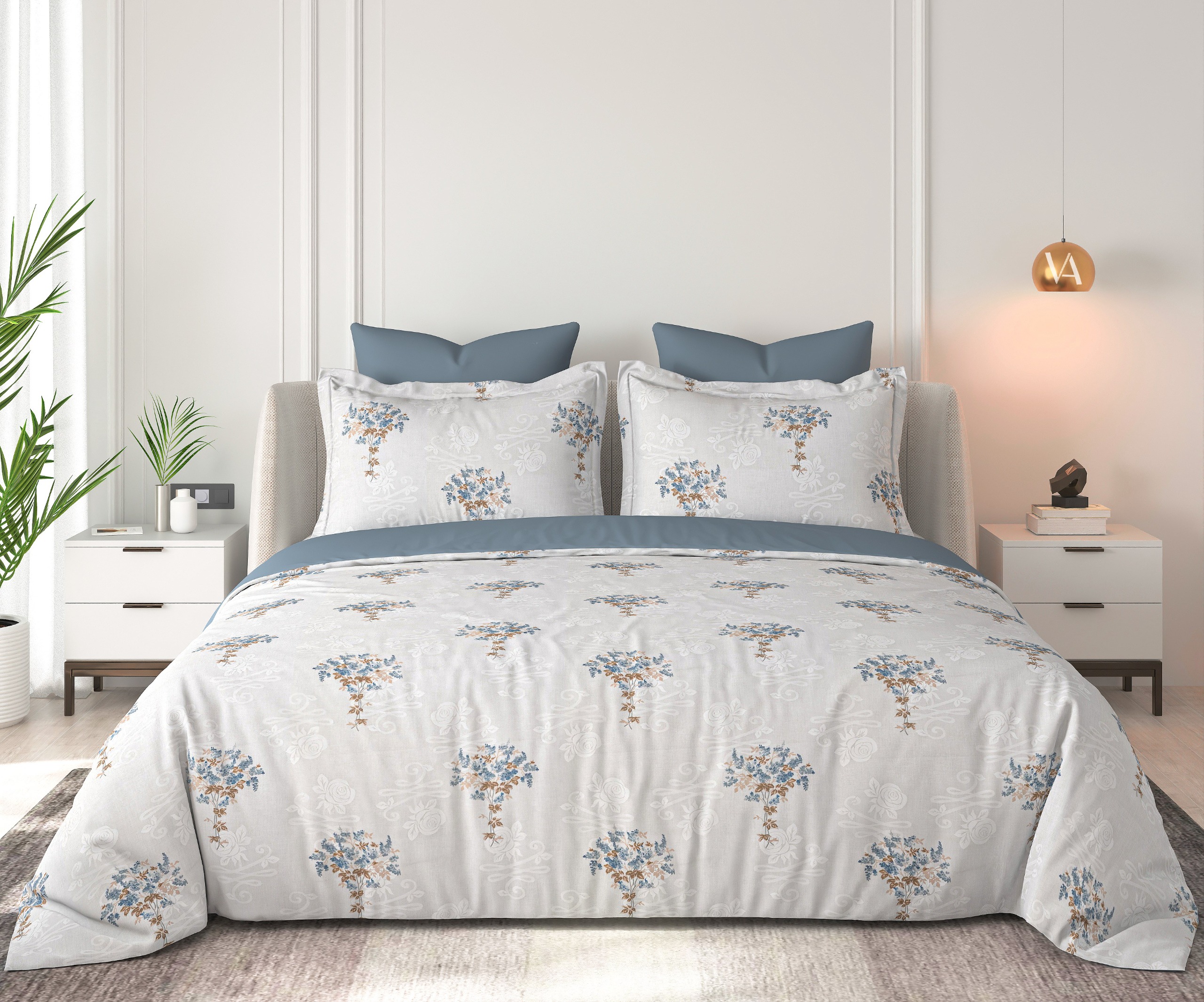 Floral Bliss Ivory Blue Bouquet Cotton King-Size Bedsheet Set - Ivory Blue thumbnail