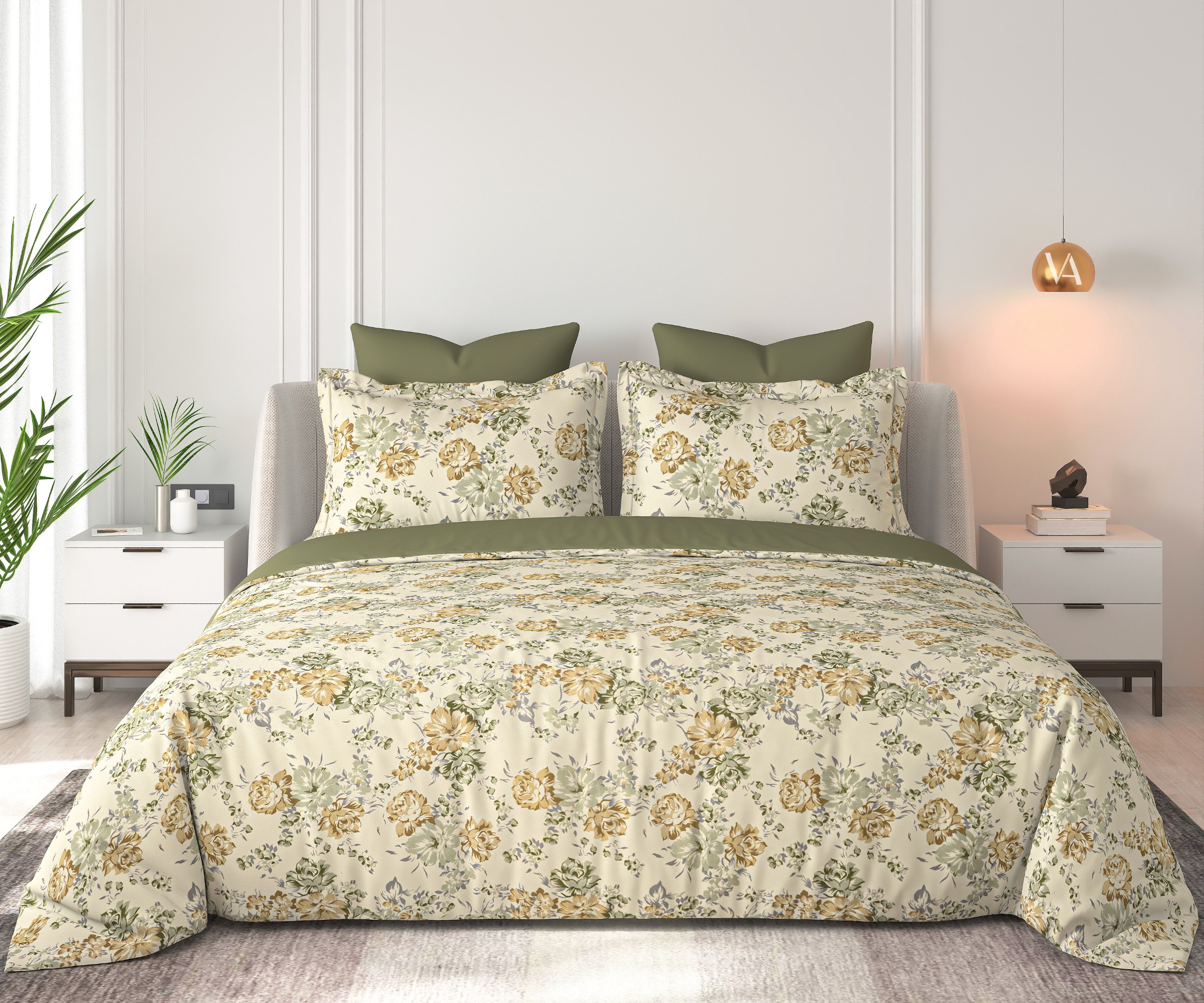 Floral Bliss Ivory Olive Antique Gold Rose Garden Cotton King-Size Bedsheet Set - Olive Green and Antique Gold thumbnail