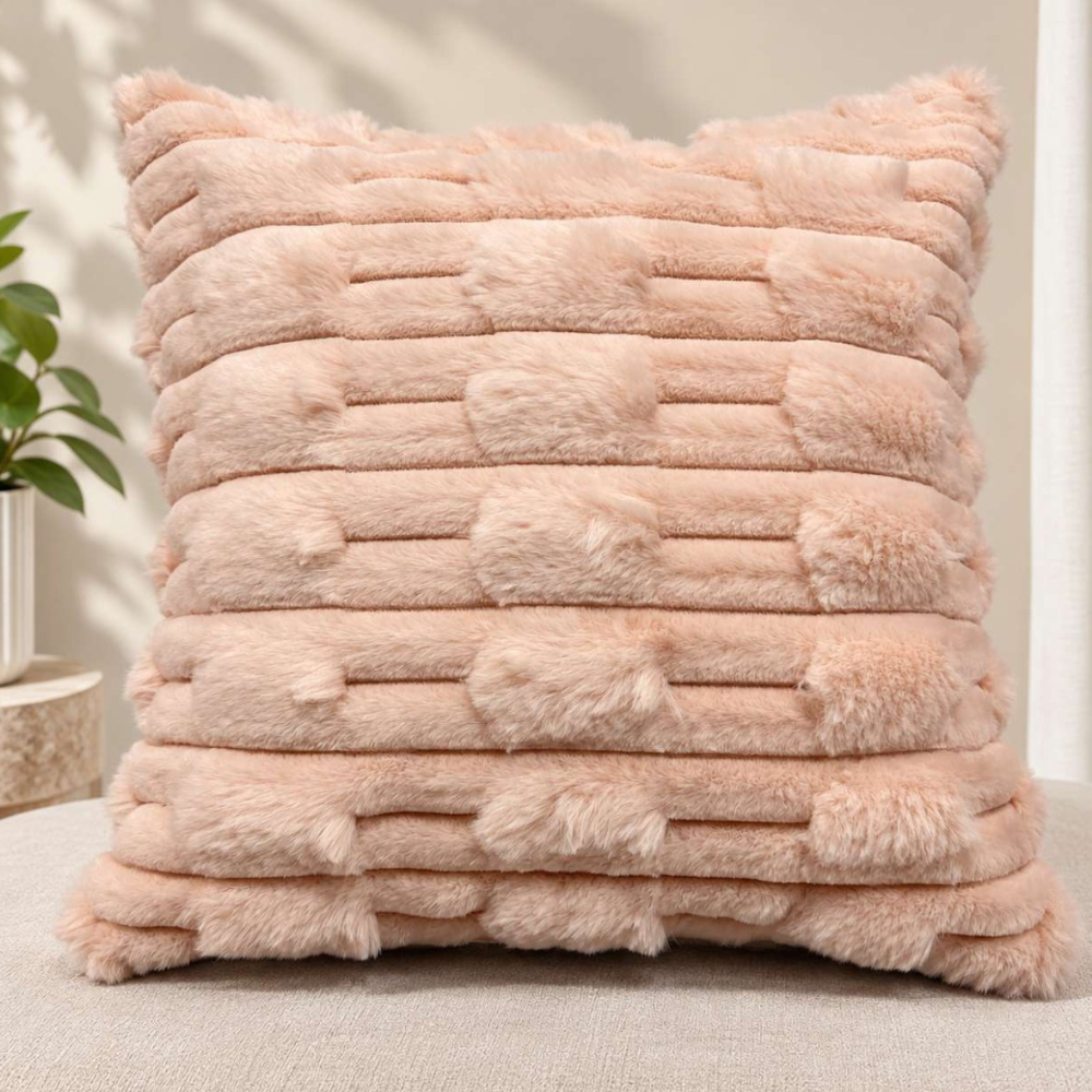 Luxury Plush Stripe Fur Cushion Cover - Peach thumbnail