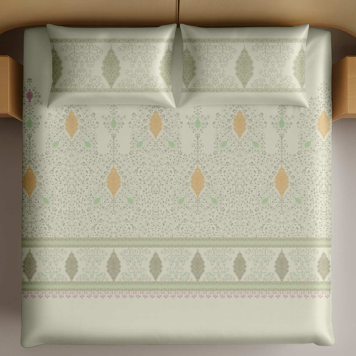 Artistry of India King-Size Bedsheet Set - Ivory Green thumbnail