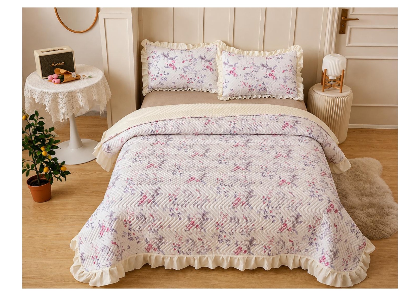 Viaan Collection Floral Quilted Bed Cover Set - White thumbnail
