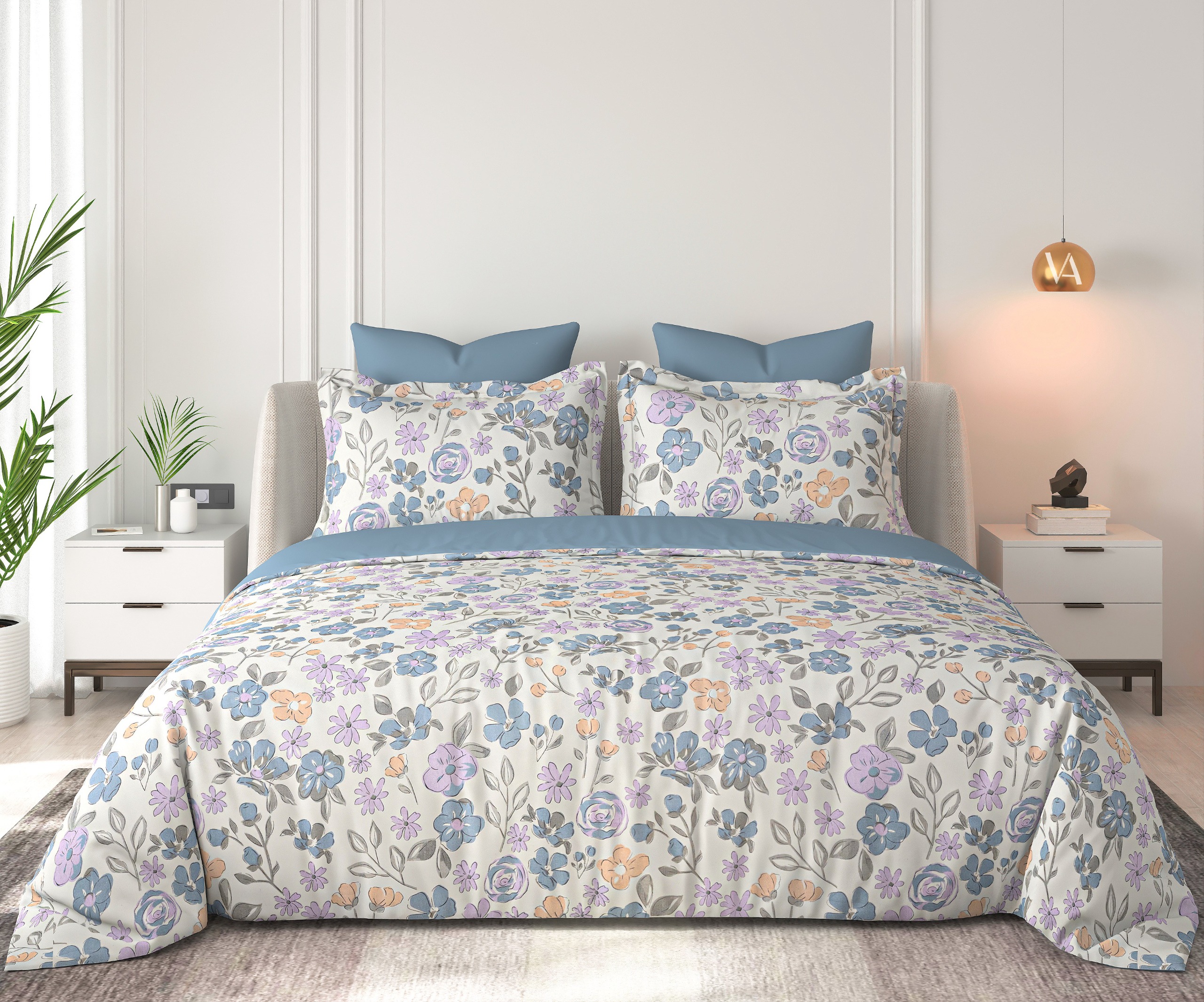 Floral Bliss Ivory Dusty Blue Lavender Garden Cotton King-Size Bedsheet Set - Dusty Blue thumbnail