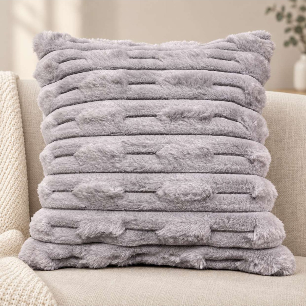 Luxury Plush Stripe Fur Cushion Cover - Light Grey thumbnail