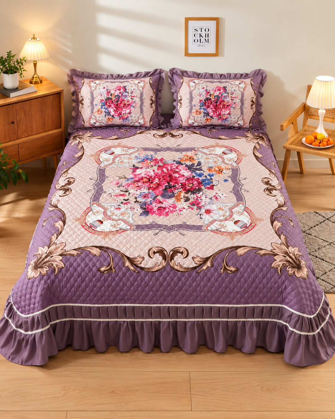 Purple & Pink Printed Bed Cover - Purple & Pink thumbnail