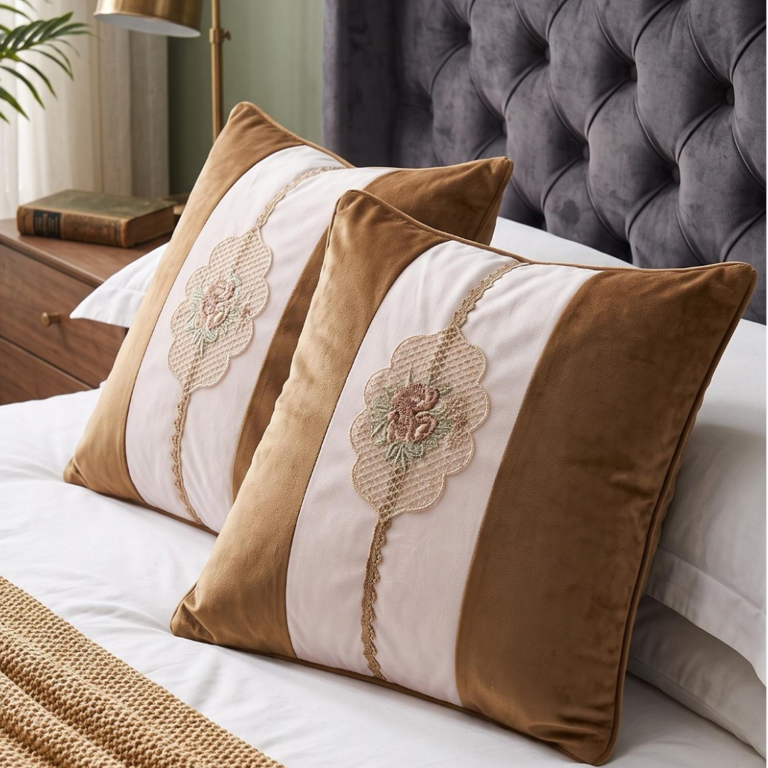Floral Lattice Embroidered Pillow Cover - Camel Brown thumbnail