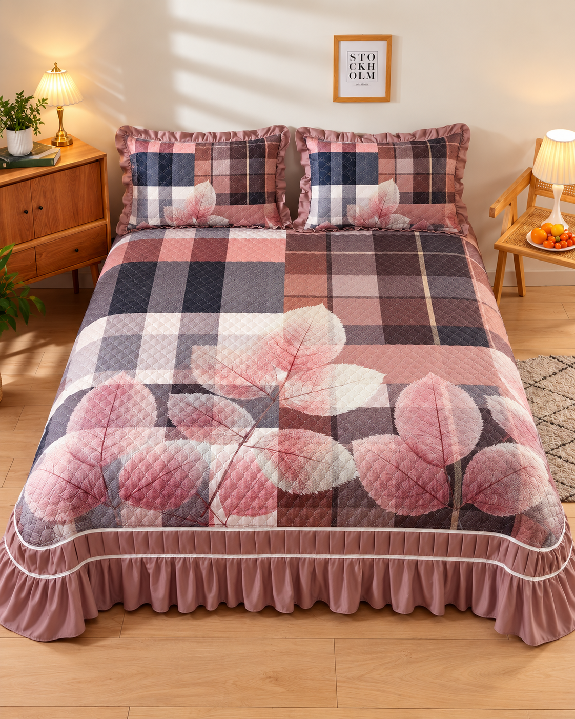 Purple Printed Bed Cover - Pink & Brown thumbnail