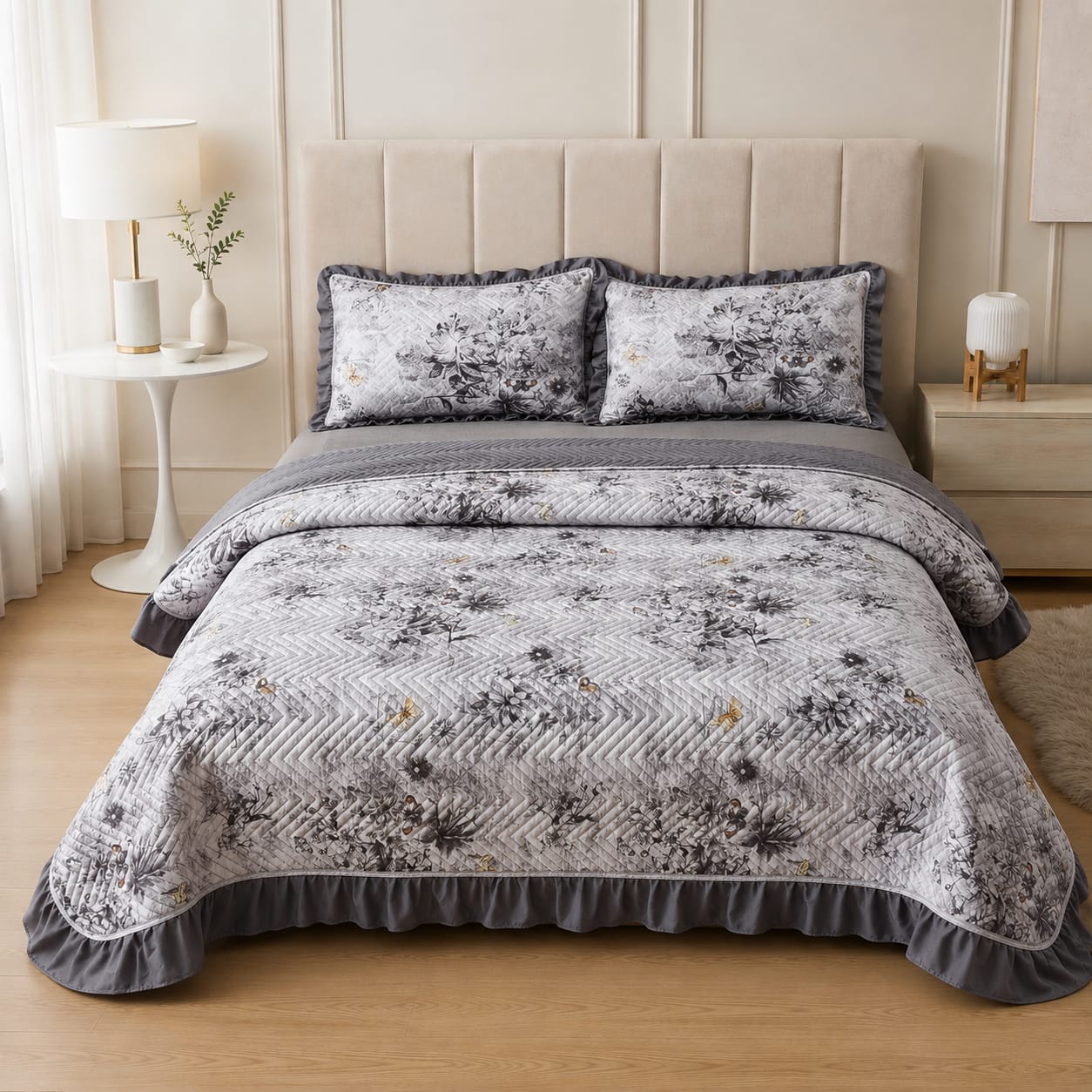 Silver Grey Charcoal Botanical Quilted Ruffle Bed Cover Set - Silver Grey and Charcoal Grey thumbnail