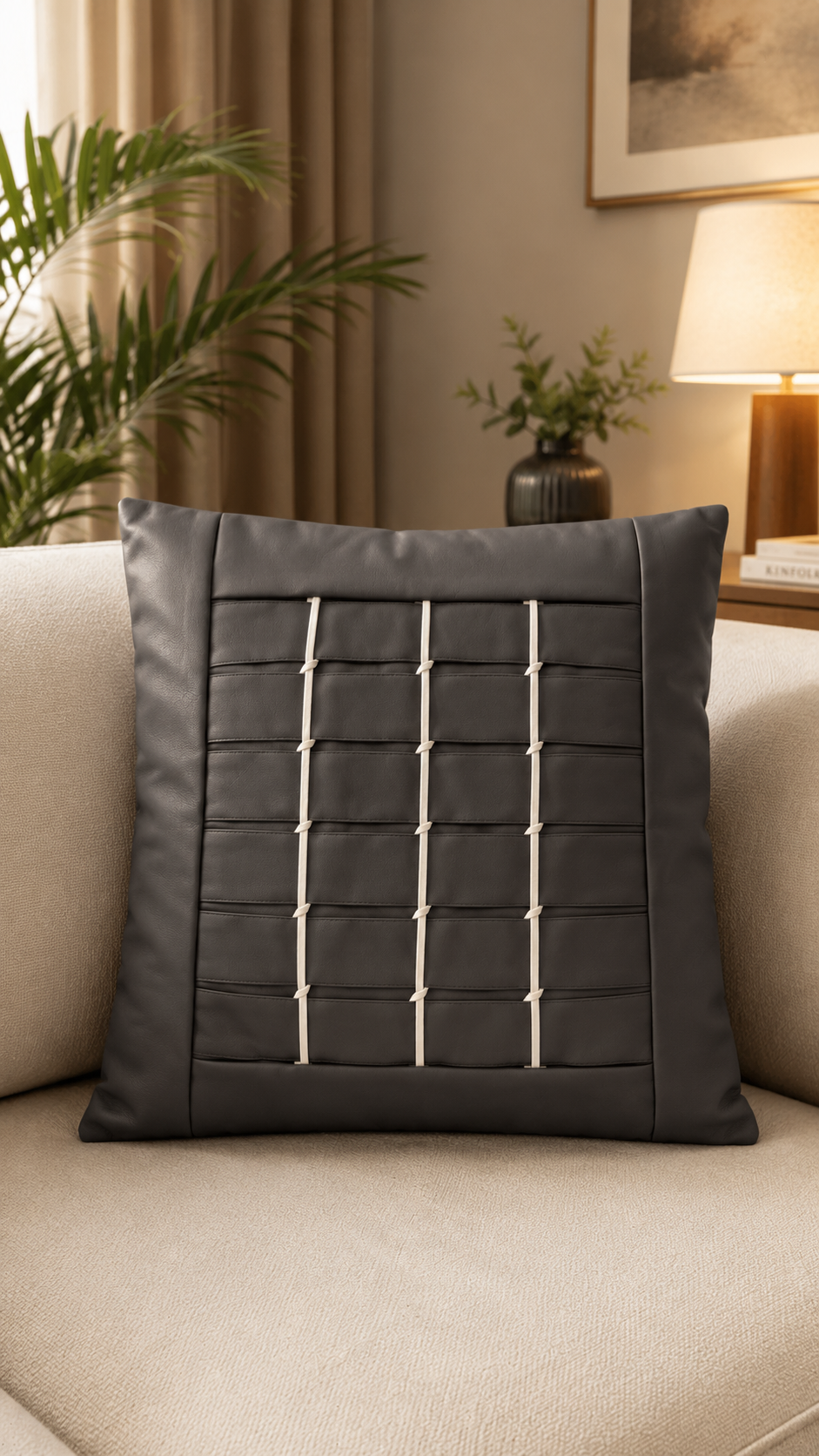 Woven Grid Panel Pillow Cover - Dark Brown thumbnail