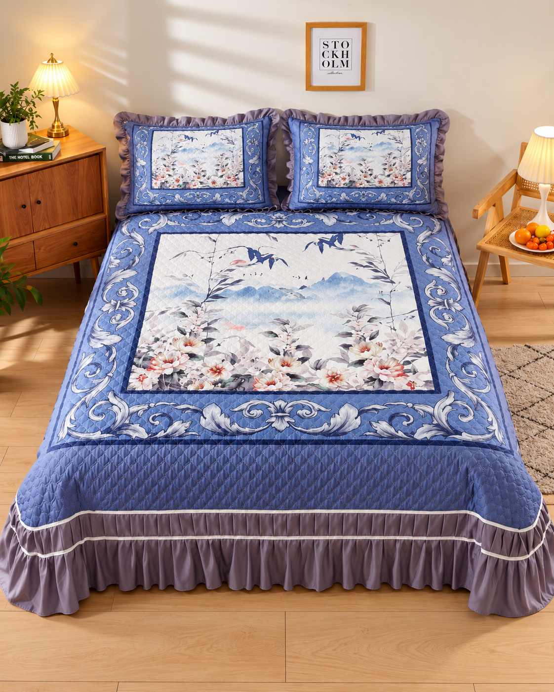 Blue & White Printed Bed Cover - Blue & White thumbnail
