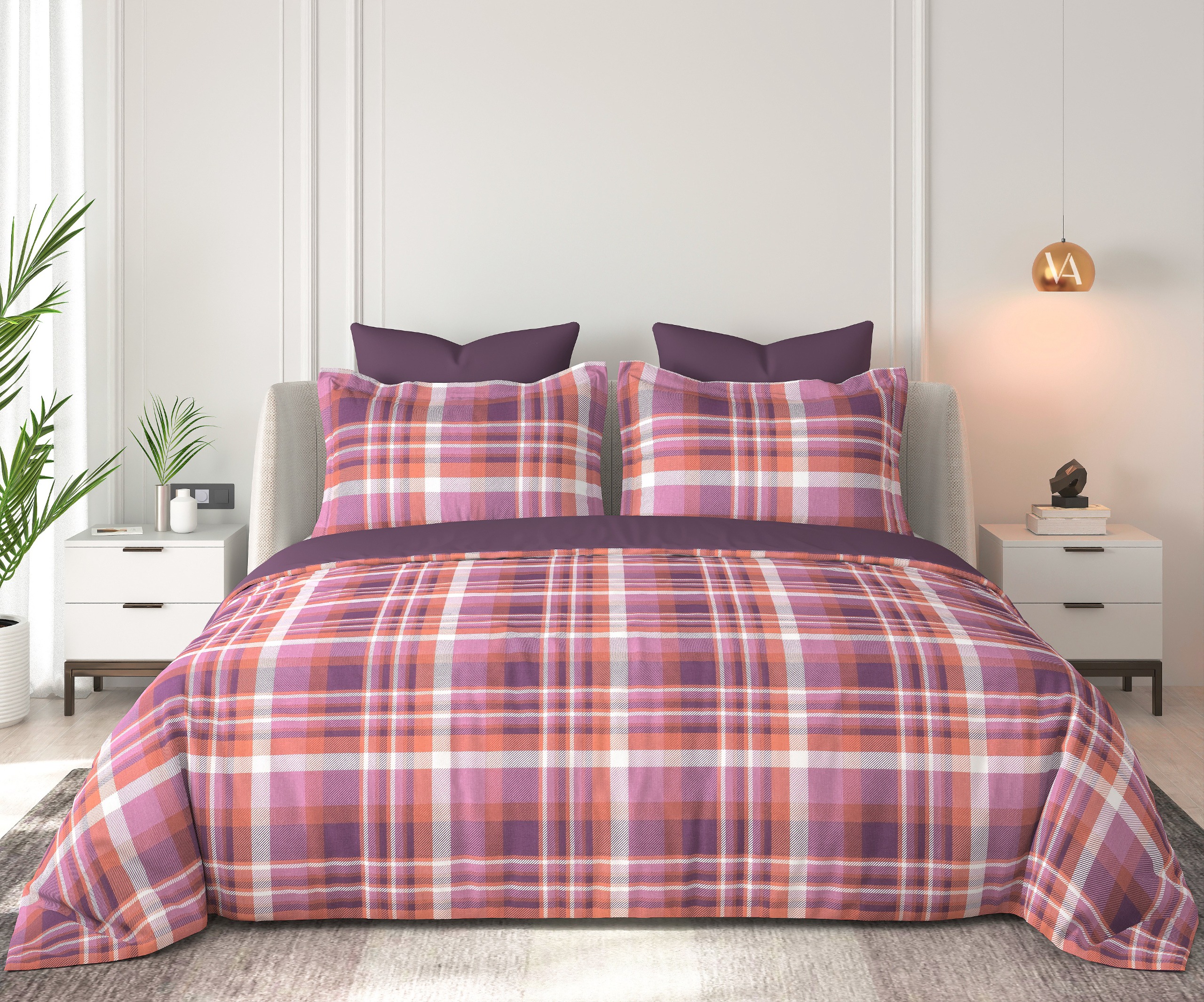 Floral Bliss Coral Pink and Plum Classic Check Cotton King-Size Bedsheet Set - Plum Purple and White thumbnail