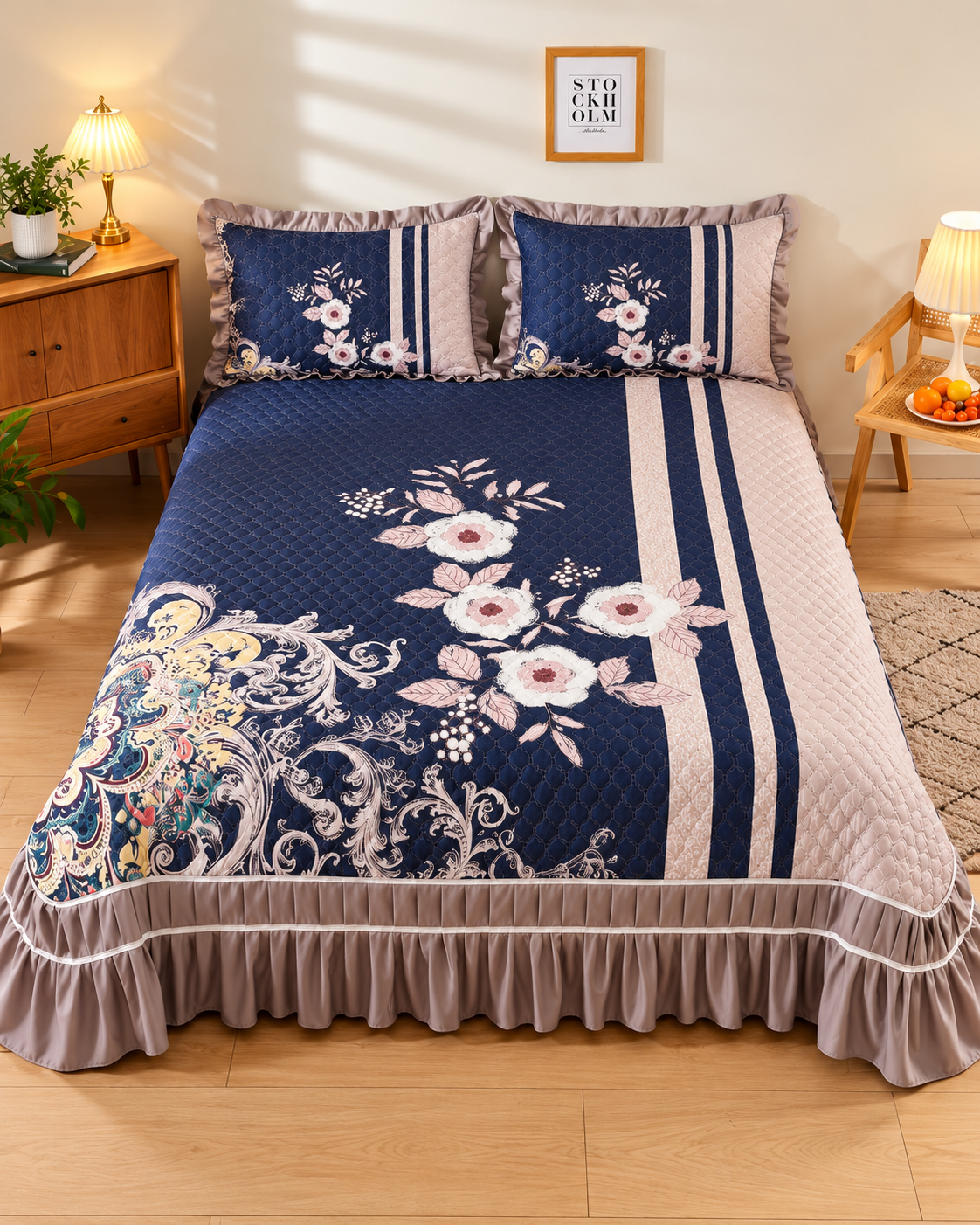 Navy Blue & Pink Printed Bed Cover - Navy Blue & Pink thumbnail