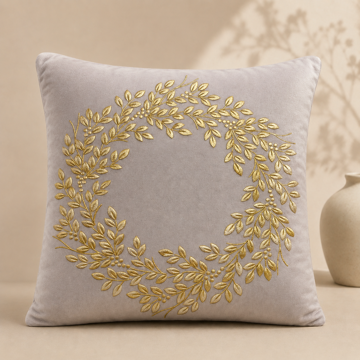 Botanical Wreath Embroidered Pillow Cover - Ivory thumbnail