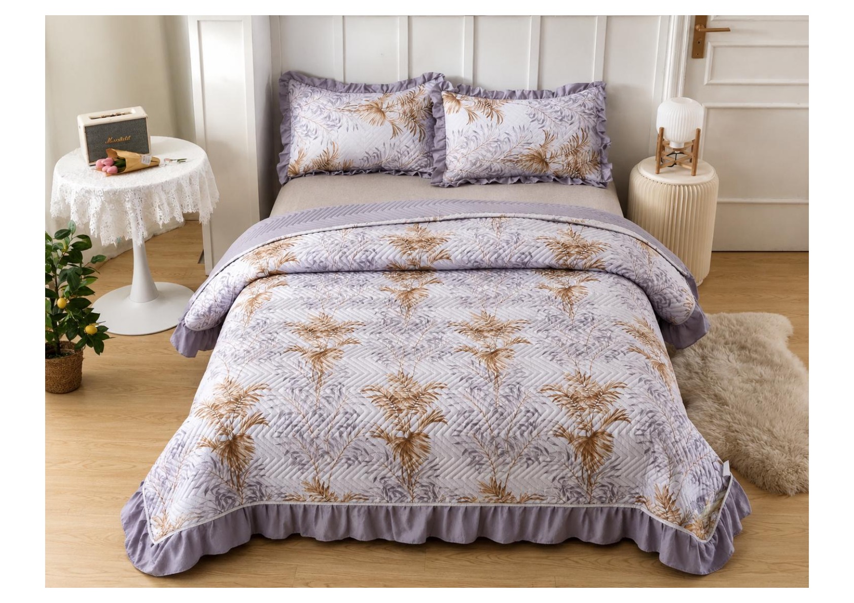 Viaan Collection Lilac Palm Leaf Bed Cover Set - Lilac thumbnail