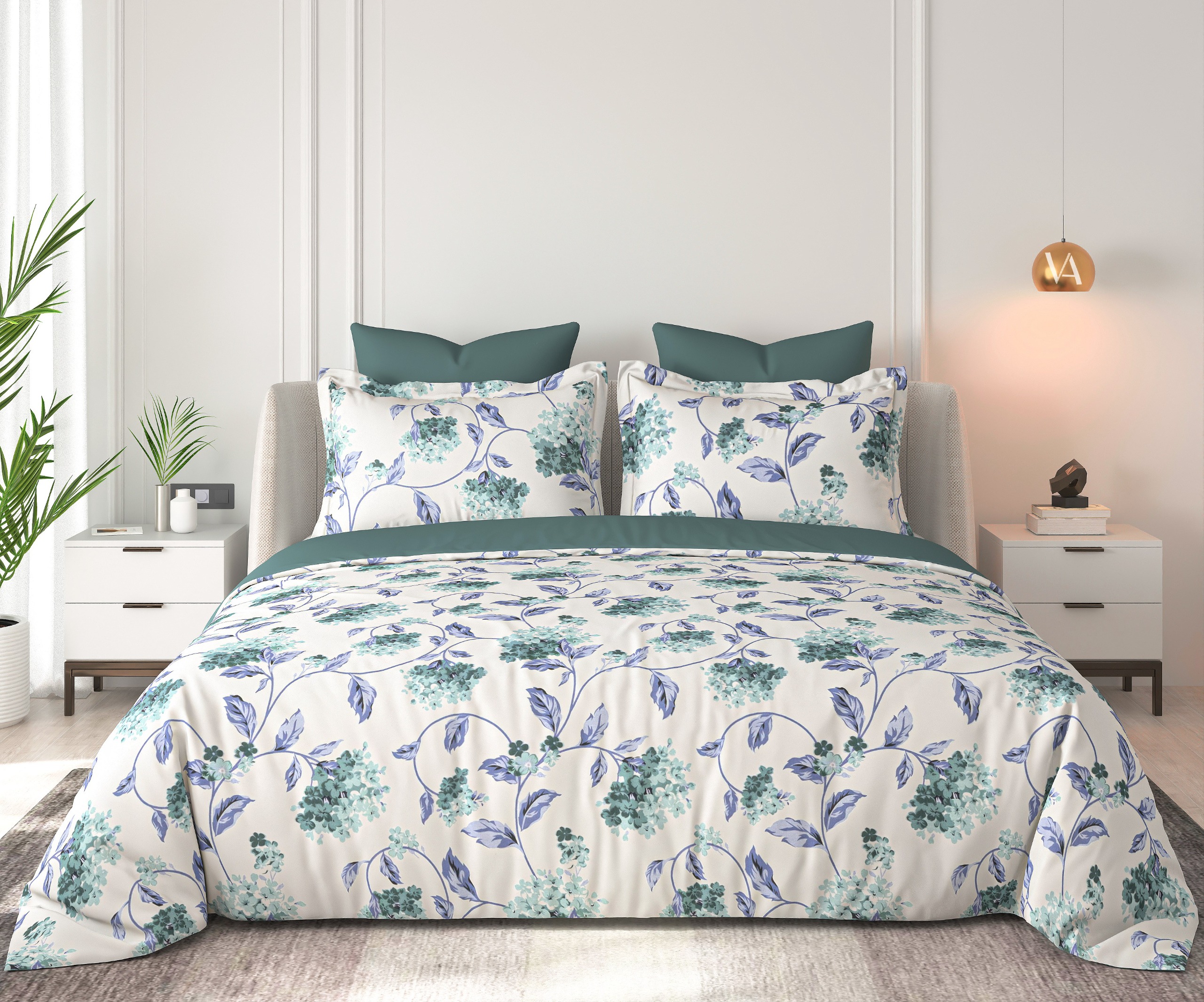 Floral Bliss Ivory Teal Hydrangea Vine Cotton King-Size Bedsheet Set - Ivory Teal thumbnail