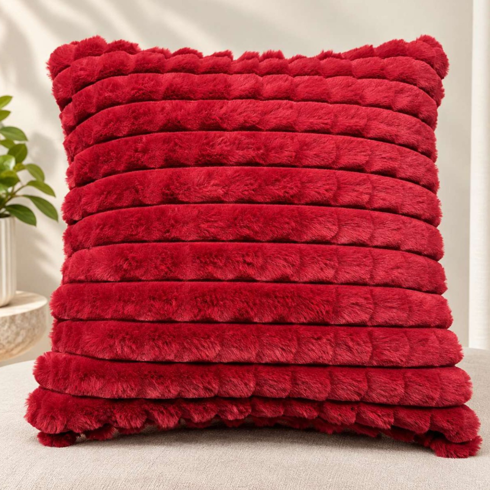 Luxury Plush Stripe Fur Cushion Cover - Red thumbnail