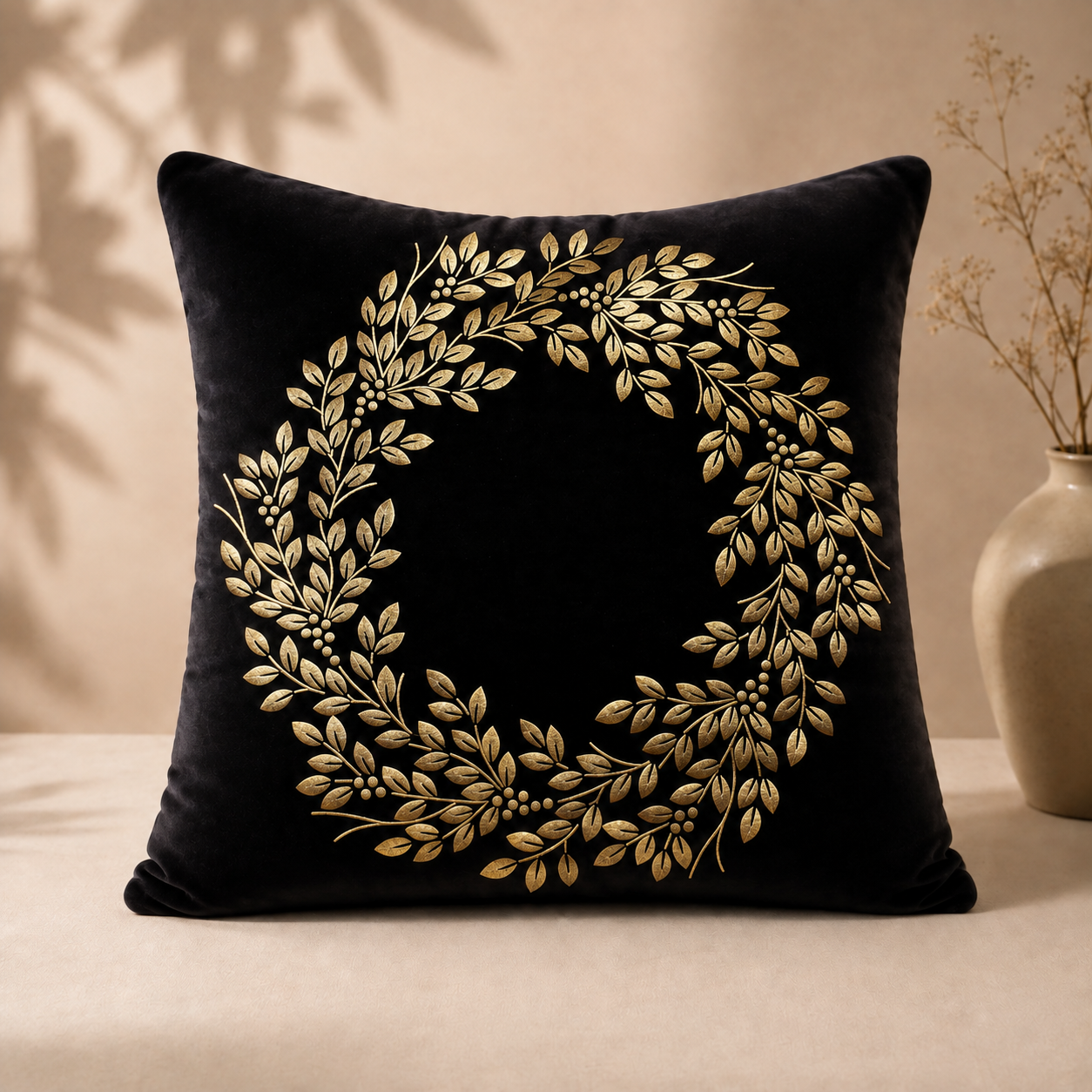 Botanical Wreath Embroidered Pillow Cover - Black thumbnail