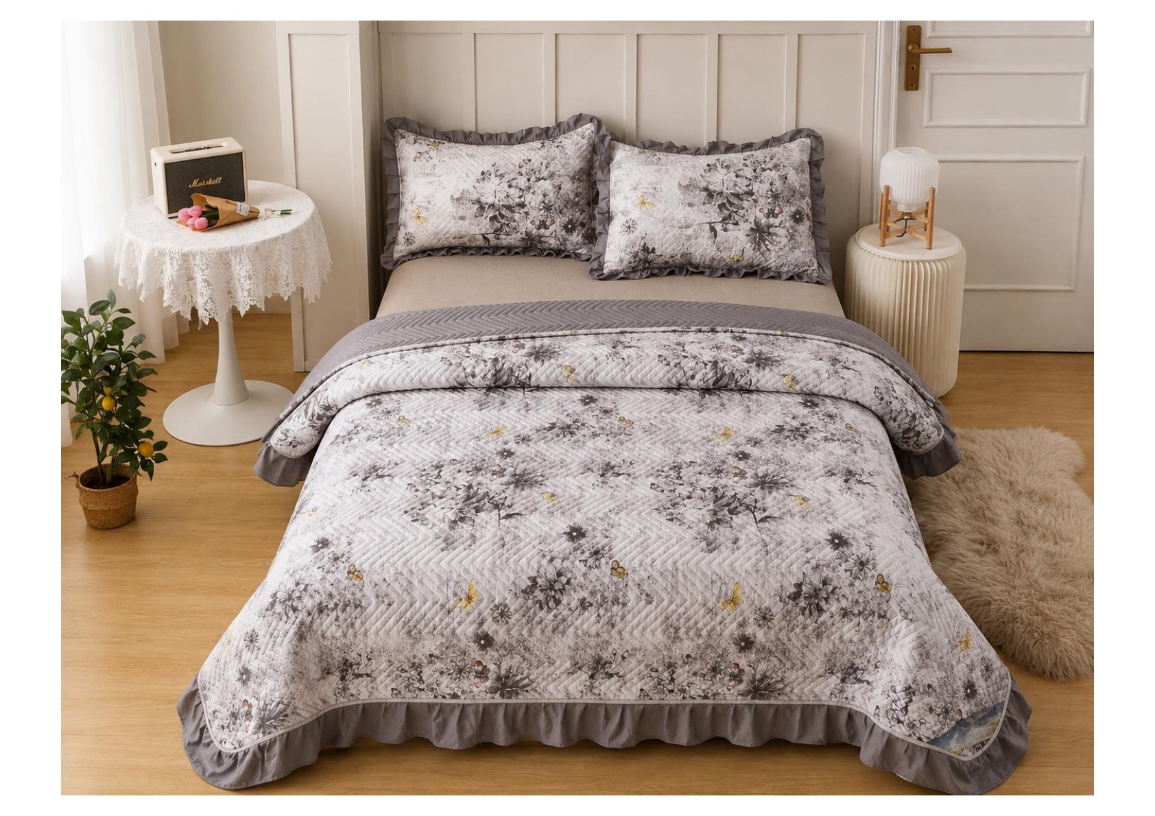 Viaan Collection Silver Grey Botanical Bed Cover Set - Silver Grey thumbnail