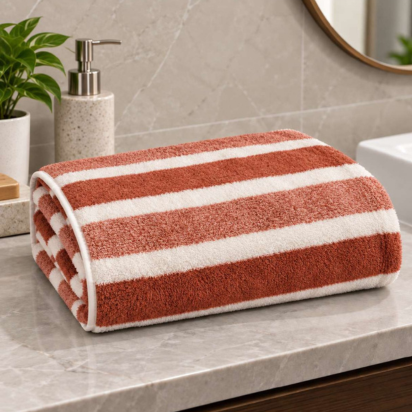 Premium Striped Bath & Hand Towel Set – Terracotta & White thumbnail