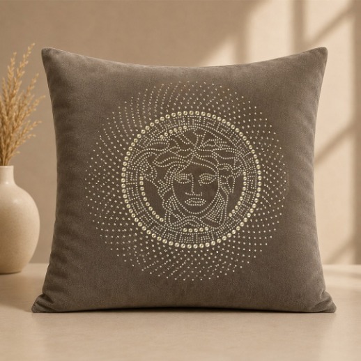 Luxury Medusa Embroidered Cushion - Brown thumbnail
