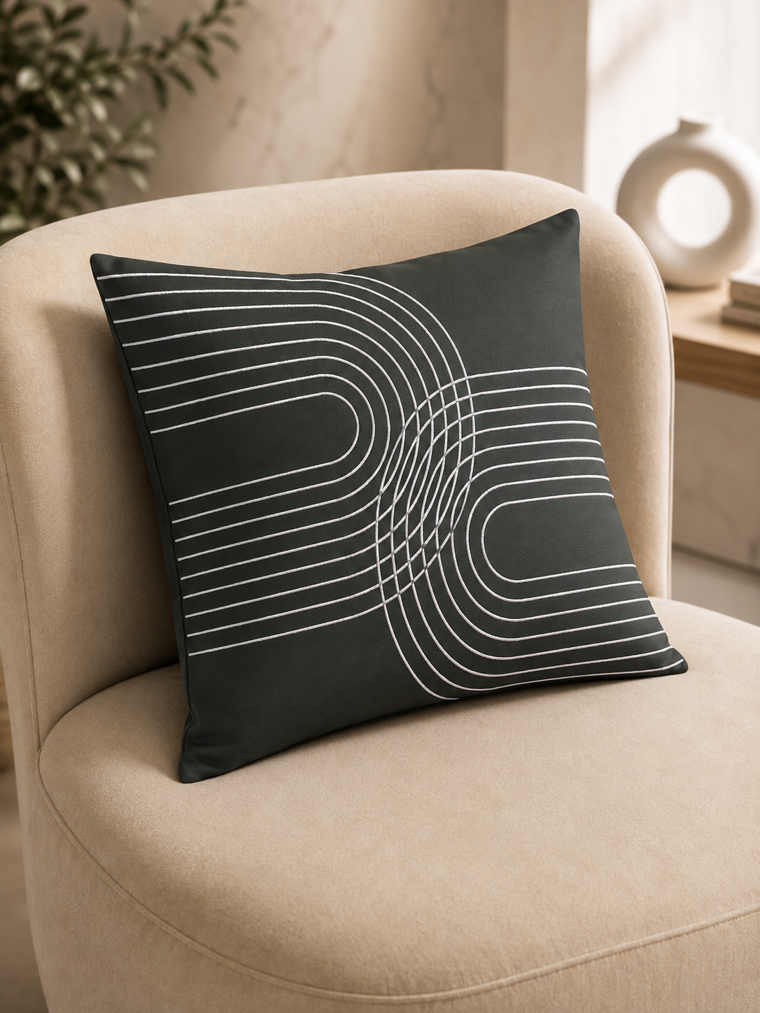 Abstract Arc Embroidered Pillow Cover - Charcoal Grey thumbnail