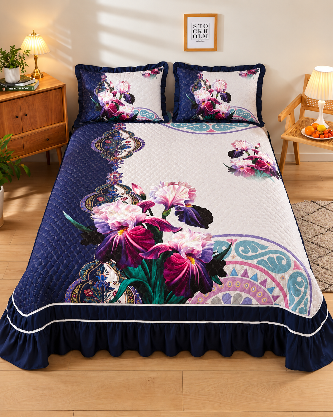 Navy Blue & White Printed Bed Cover - Navy Blue & White thumbnail