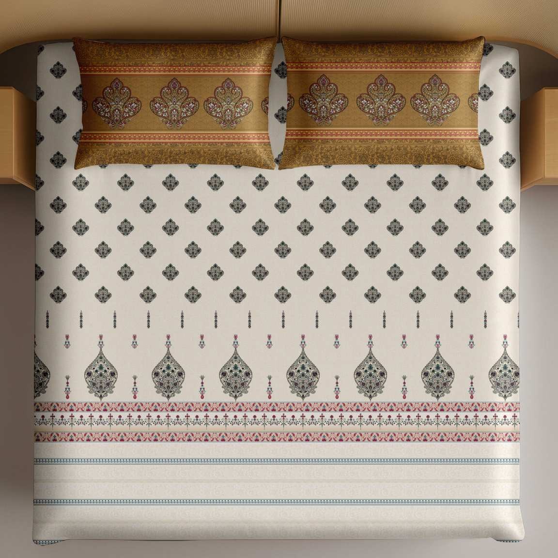 Artistry of India Traditional King-Size Bedsheet Set - Ivory Mustard thumbnail
