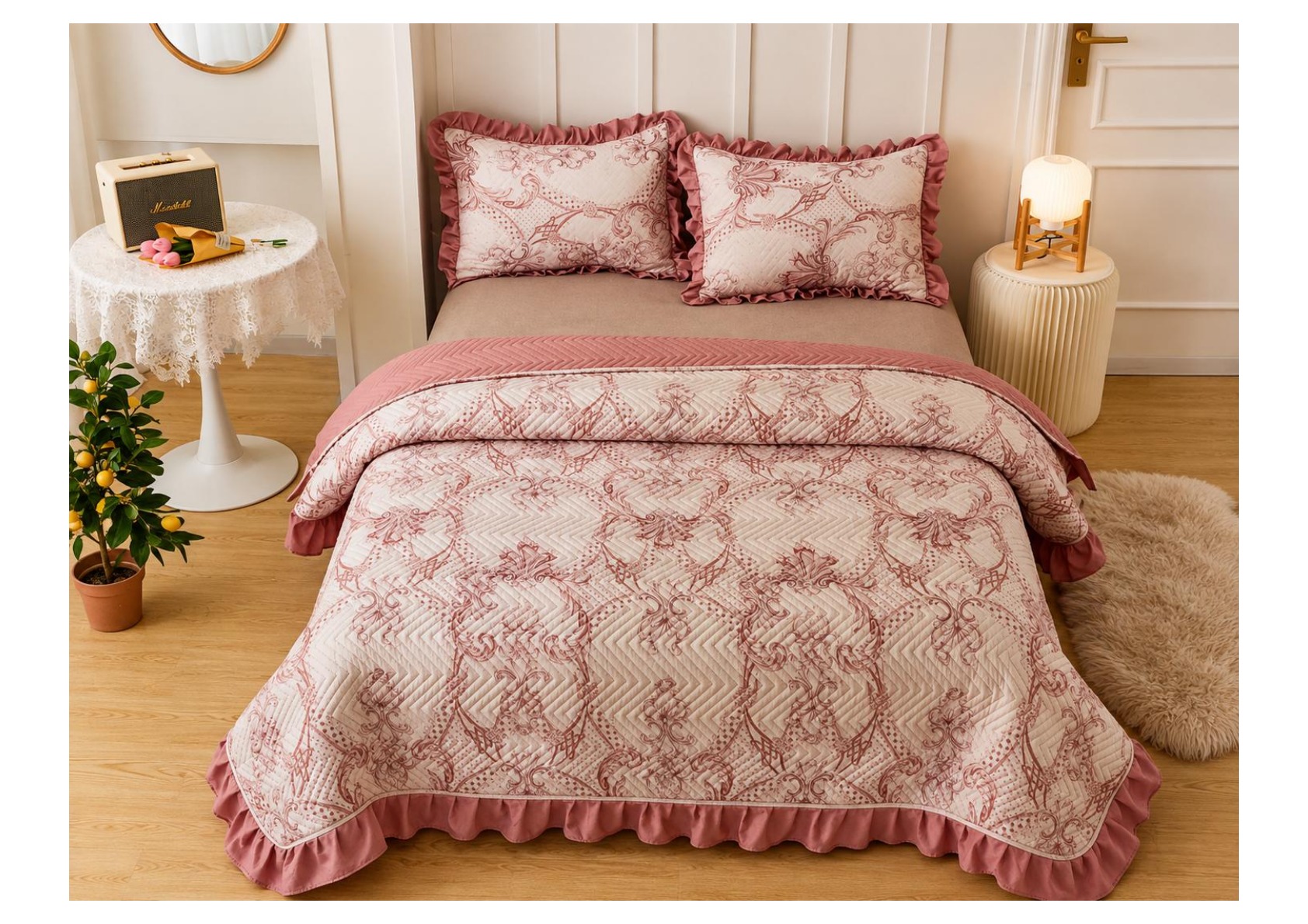 Viaan Collection Dusty Rose Damask Bed Cover Set - Dusty Rose thumbnail