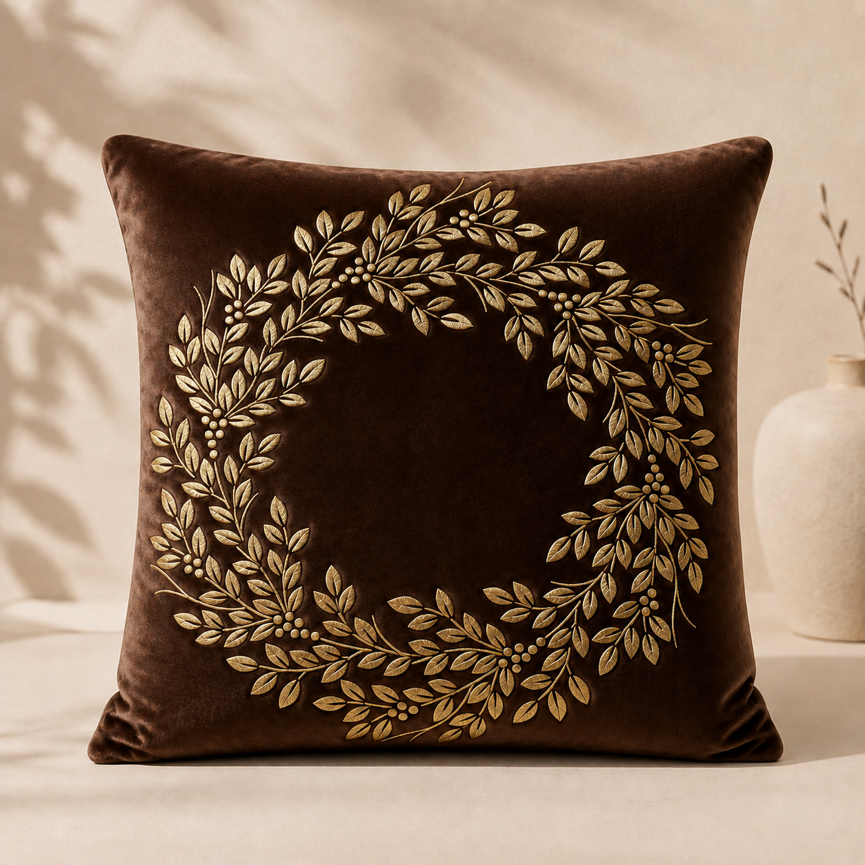 Botanical Wreath Embroidered Pillow Cover - Chocolate Brown thumbnail