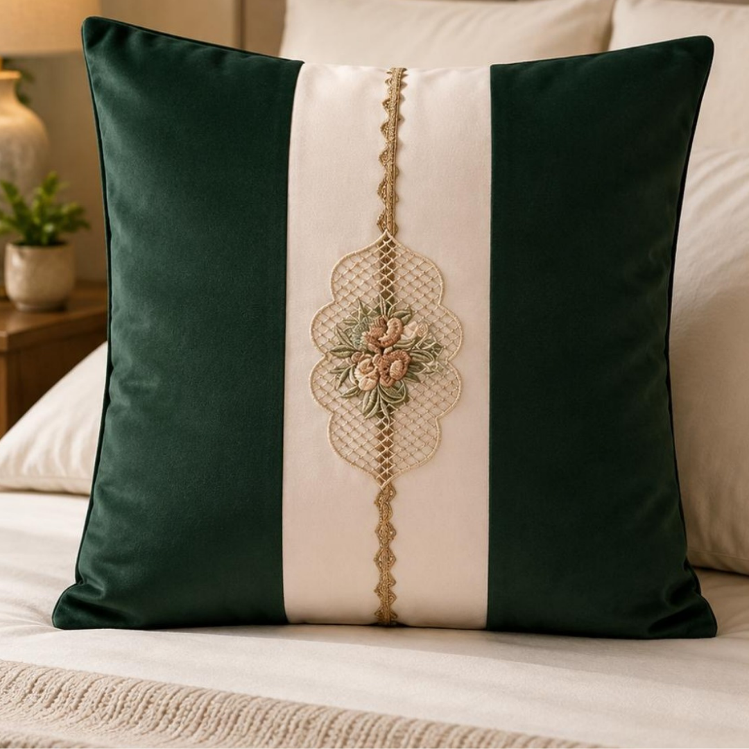 Floral Lattice Embroidered Pillow Cover - Emerald Green thumbnail