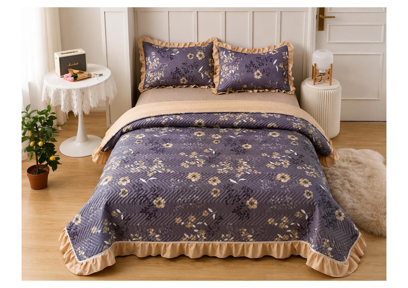 Viaan Collection Charcoal Floral Bed Cover Set - Charcoal Grey thumbnail