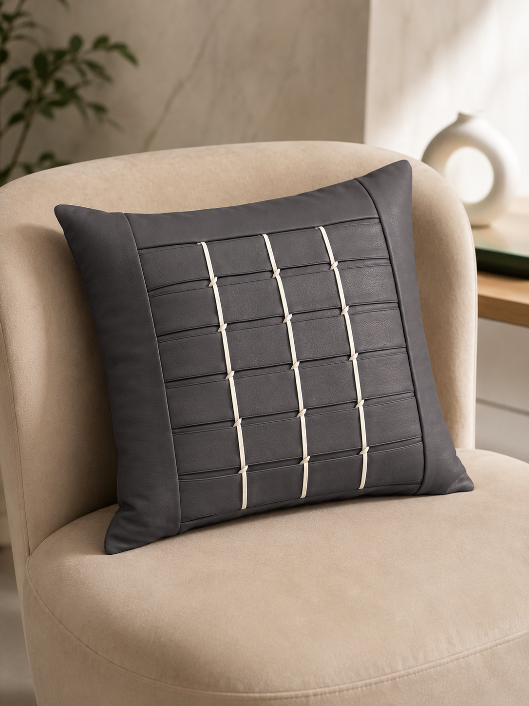 Woven Grid Panel Pillow Cover - Charcoal Grey thumbnail