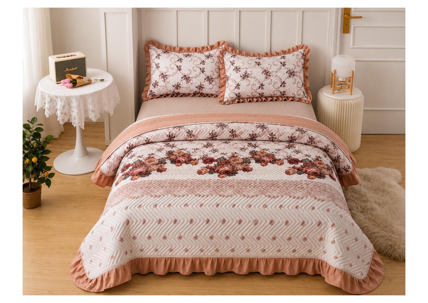 Viaan Collection Peach Rose Border Bed Cover Set - Peach thumbnail