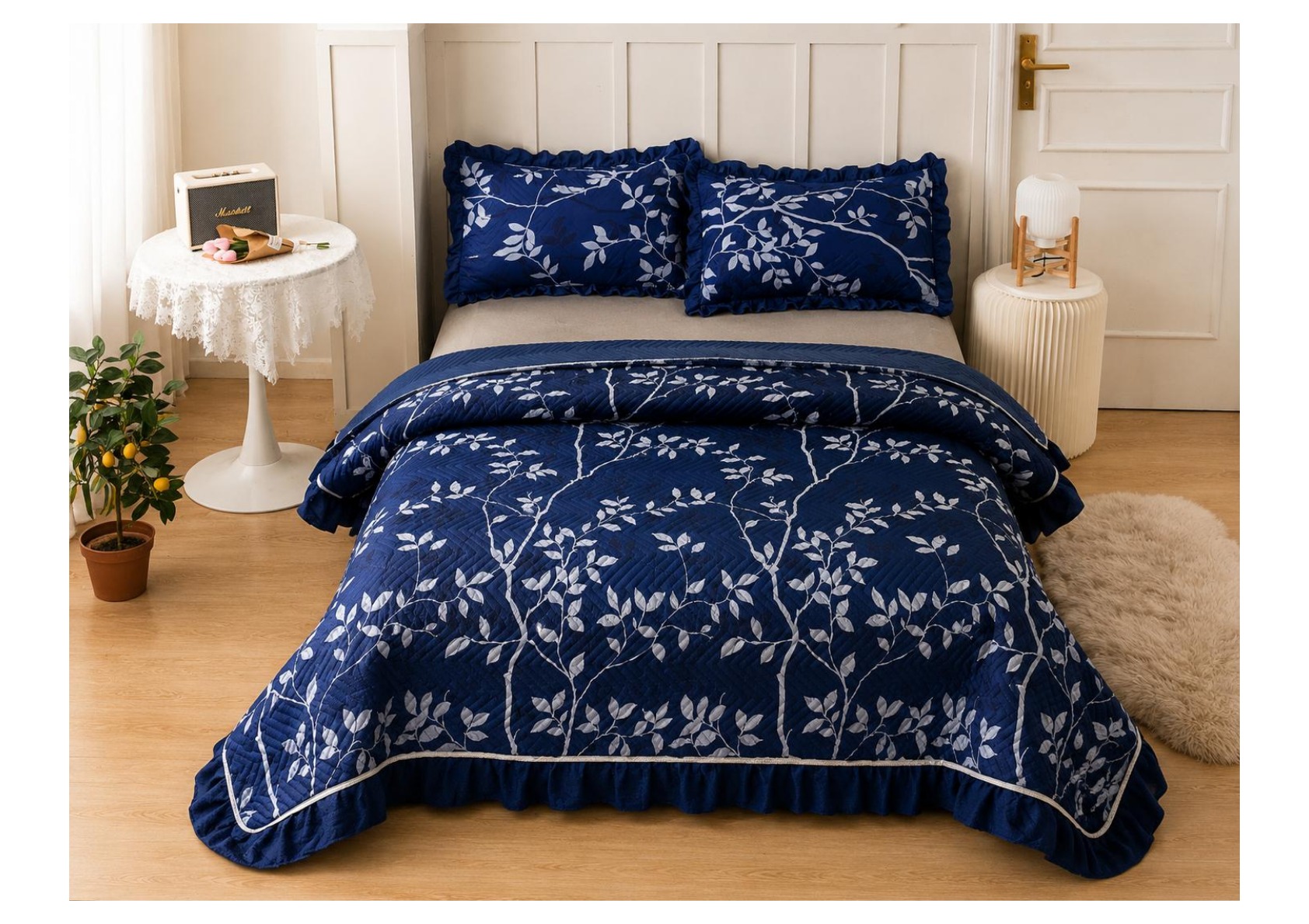 Viaan Collection Navy Blue Leaf Bed Cover Set - Navy Blue thumbnail
