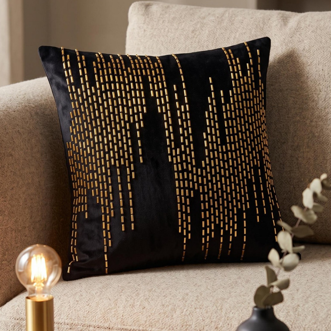 Abstract Cascade Embellished Pillow Cover - Jet Black thumbnail