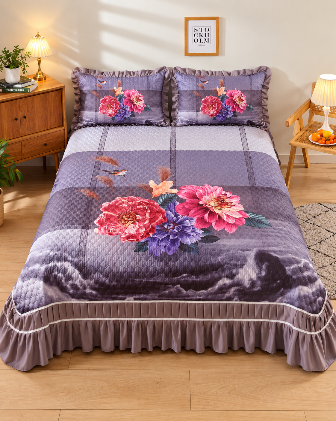 Purple Printed Bed Cover - Purple thumbnail