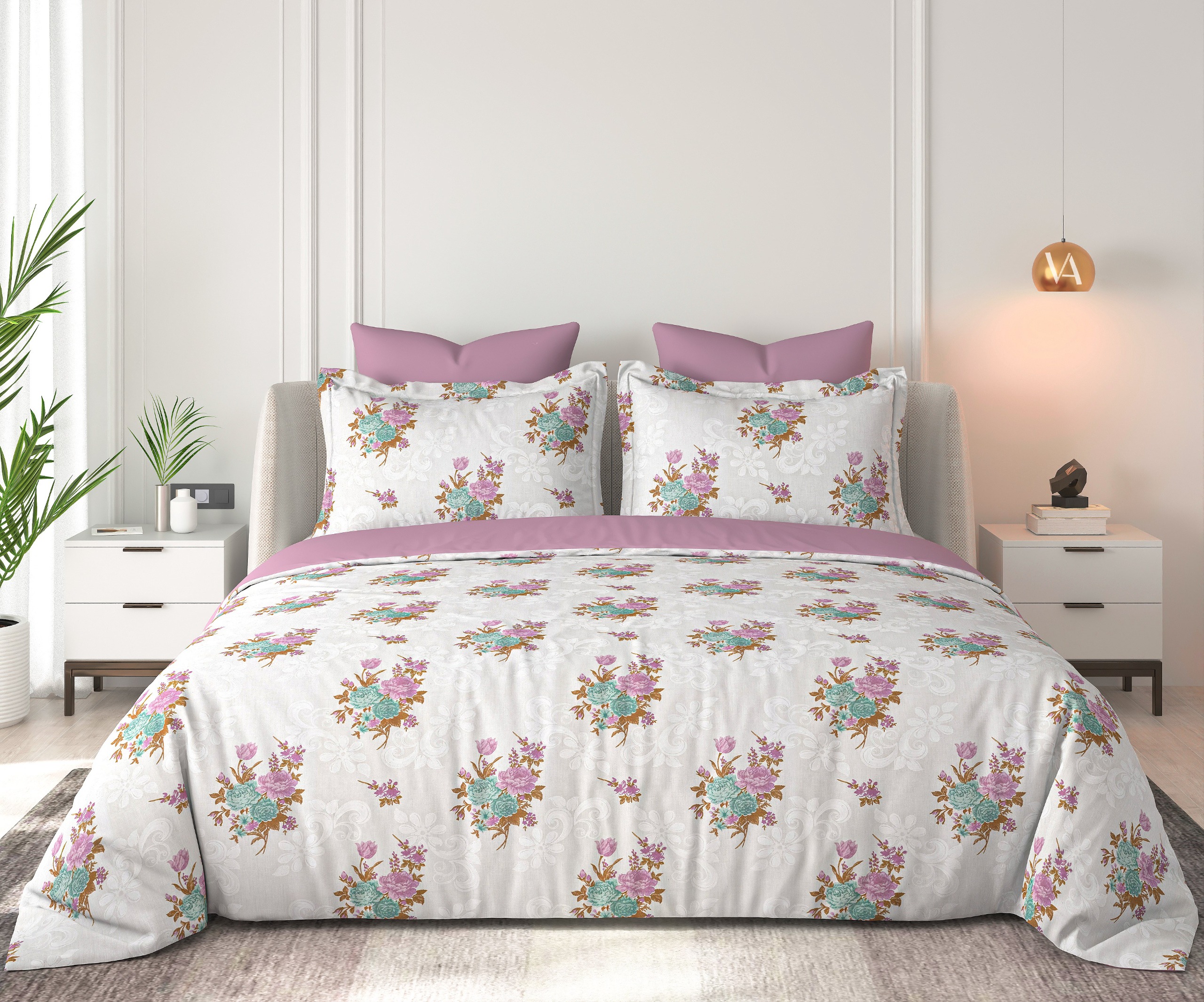 Floral Bliss Ivory Rose Pink and Aqua Bouquet Cotton King-Size Bedsheet Set - Rose Pink and Aqua Blue thumbnail