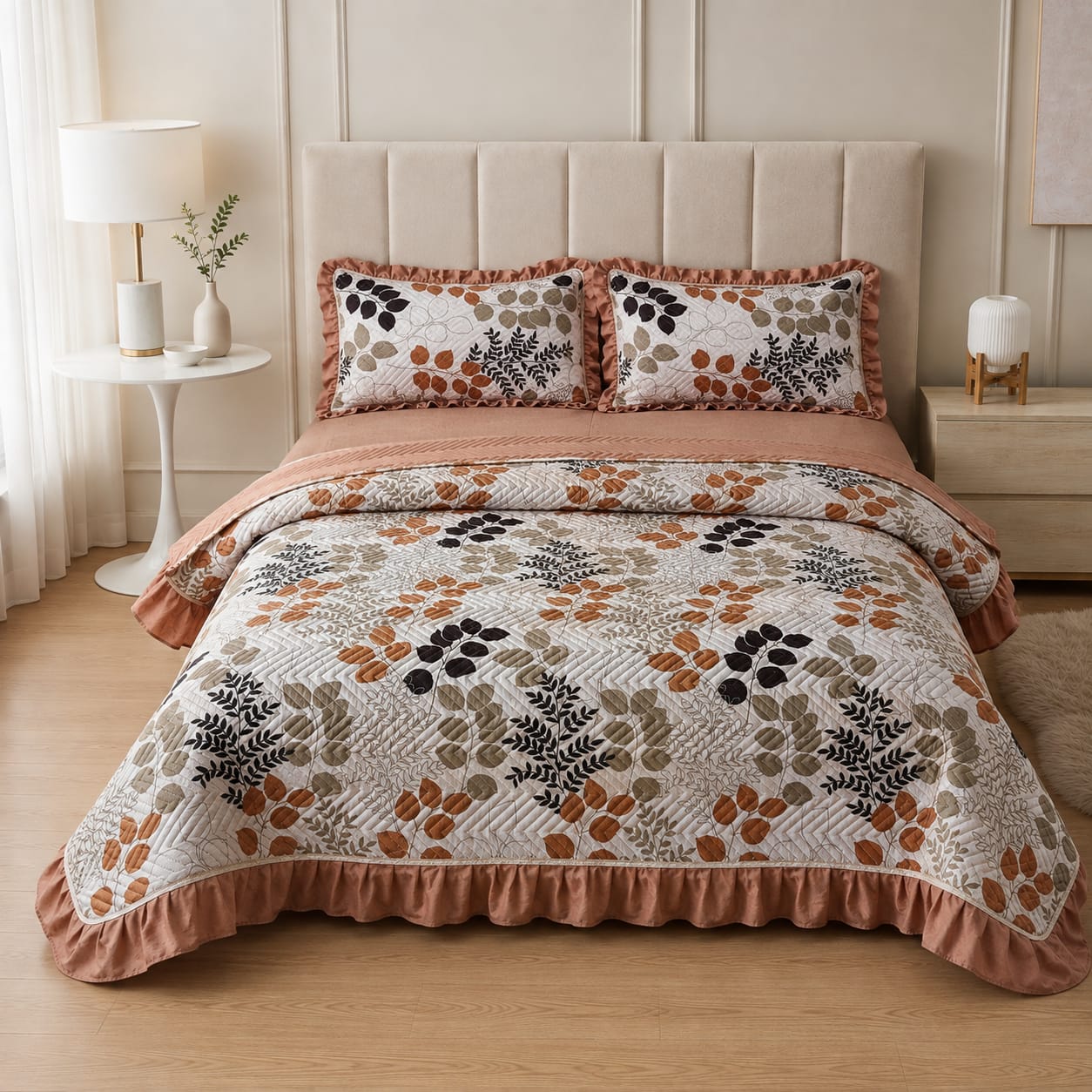 Ivory Terracotta Autumn Leaf Quilted Ruffle Bed Cover Set - Terracotta thumbnail