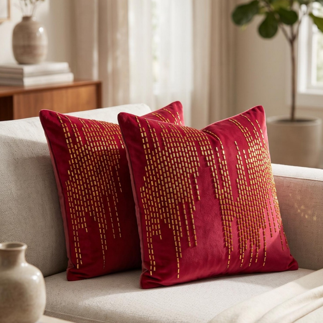 Abstract Cascade Embellished Pillow Cover - Ruby Red thumbnail