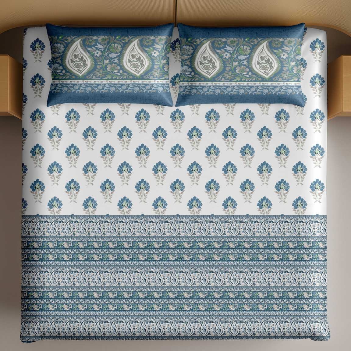 Artistry of India King-Size Bedsheet Set - Ivory Blue thumbnail