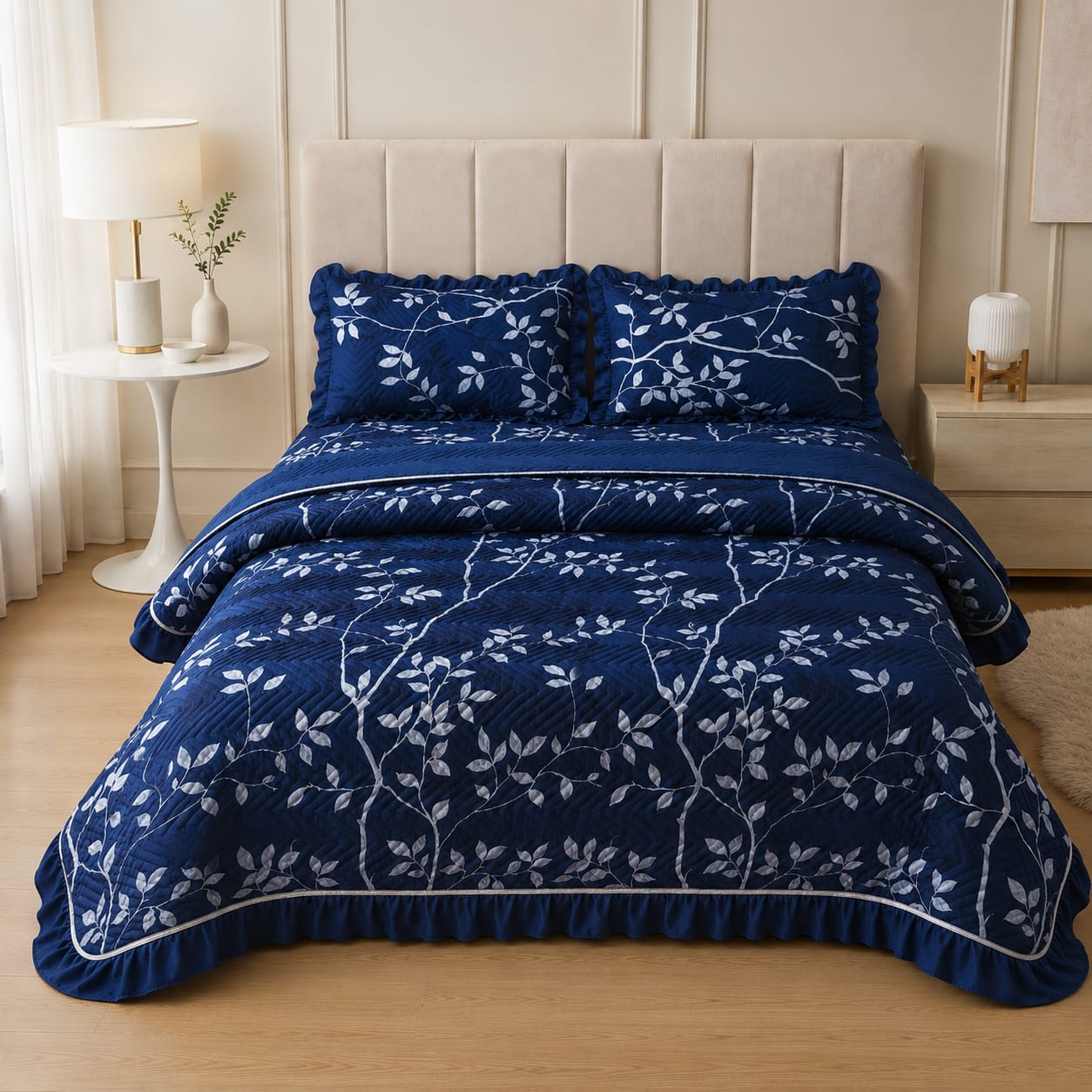 Navy Blue Silver Leaf Quilted Ruffle Bed Cover Set - Navy Blue and Silver Grey thumbnail
