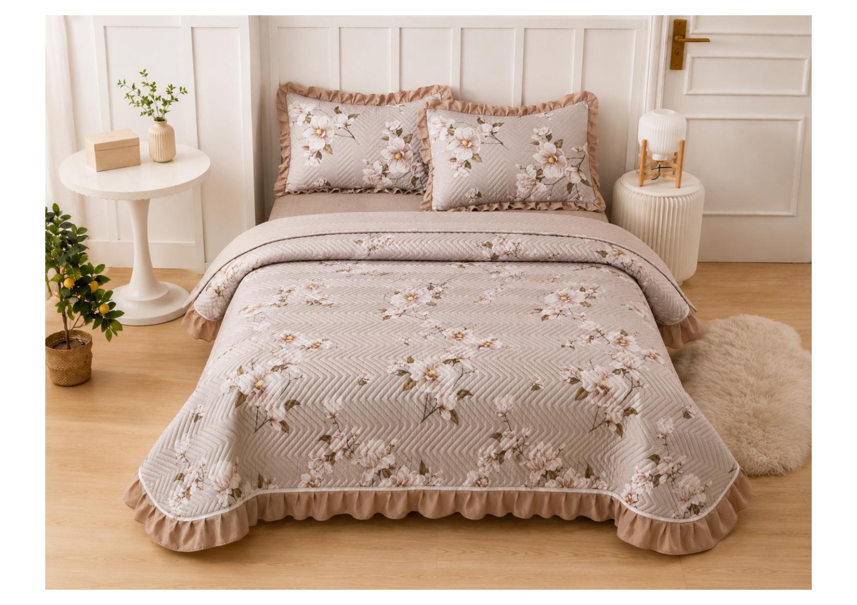 Viaan Collection Beige Magnolia Bed Cover Set - Beige thumbnail