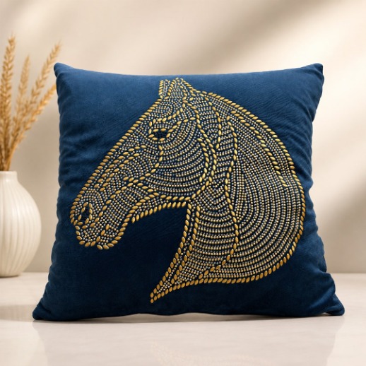 Embroidered Horse Cushion - Navy Blue thumbnail